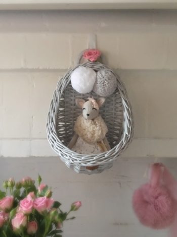Lilu Vintage Wicker Wall Basket Grey with French Doll