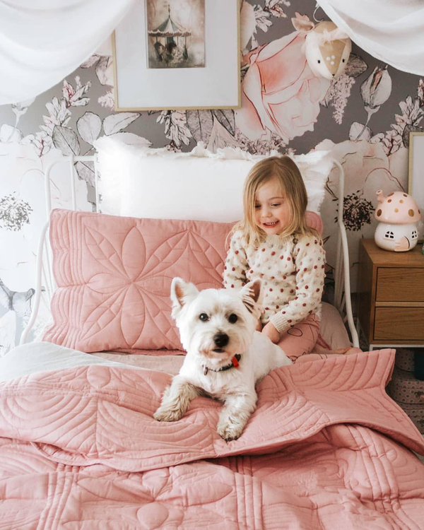 Bonne Mere Rose Quilt with Girl and Dog Little French Heart