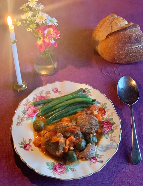 French Olive and Lamb Casserole - Little French Heart served on french linen