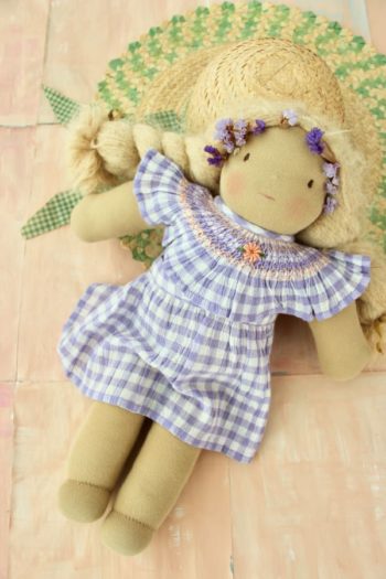 Bonjour Diary Dolls Apron Dress Lilac Gingham on Doll - Little French Heart