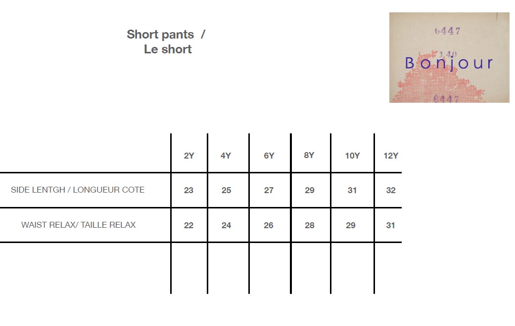 Bonjour Diary Shorts Size Chart - Little French Heart
