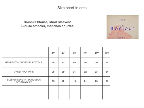 Bonjour Diary Smocked Blouse Size Chart - Little French Heart