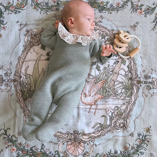 Atelier Choux Tapestry Green Baby Wrap with baby - little french heart
