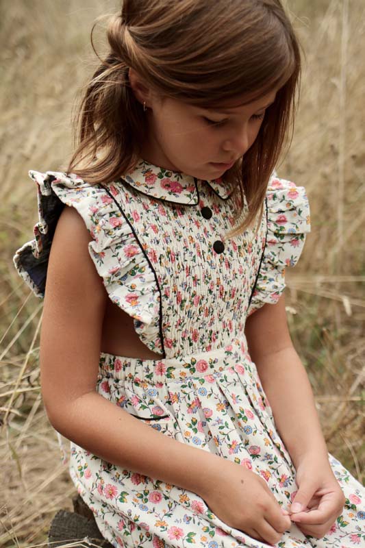 Bonjour Diary Apron Dress Ivory Flowers beautiful retro kids clothing - Little French Heart