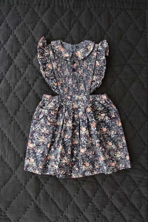 Bonjour Diary Apron Dress Navy Floral Velvet - Little French Heart