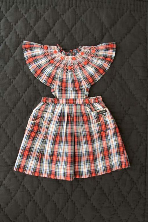 Bonjour Diary Apron Dress Red Tartan front - Little French Heart
