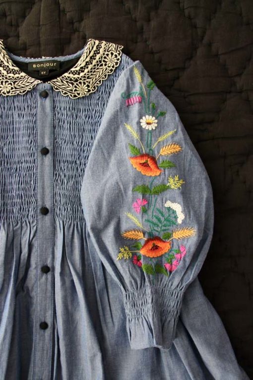 Bonjour Diary Chambray Dress with Exquisitely Embroidered Sleeves - Little French Heart