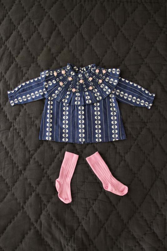 Bonjour Diary New Handsmock Blouse Indigo Flowers (S 6m, 1y)