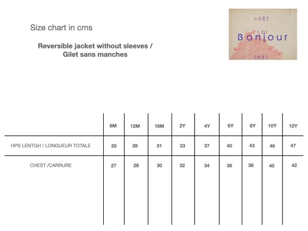 Bonjour Diary Reversible Vest Size Guide - Little French Heart