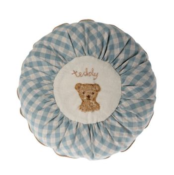 Maileg Cushion Round Small Teddy Blue Check - Little French Heart