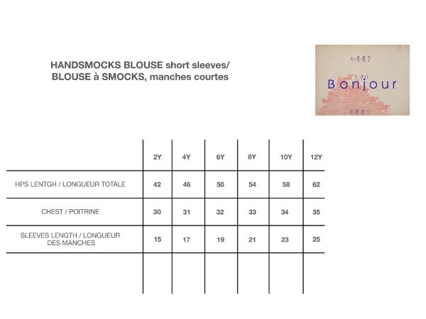 Bonjour Diary Handsmock Blouse Short Sleeves Size Chart