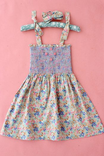 Long Skirt Dress & Hair Bow Blue Garden