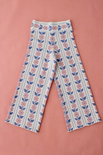 Knitted Jacquard Pants Rose Blue Flowers