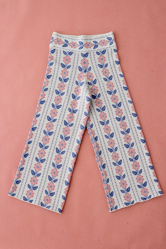 Bonjour Diary Knitted Jacquard Pants Rose Blue Flowers