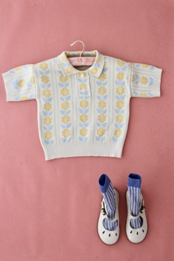 Jacquard Knit Polo Shirt Sky Yellow Flowers