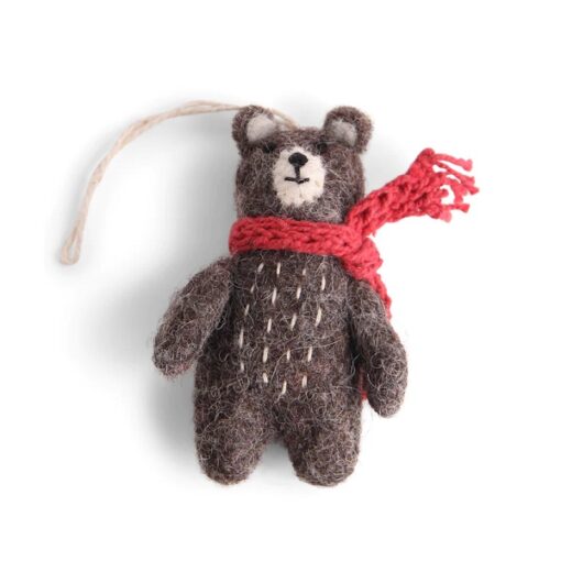 Gry & Sif Bear Grey Felt Decoration with Red Scarf - Little French Heart