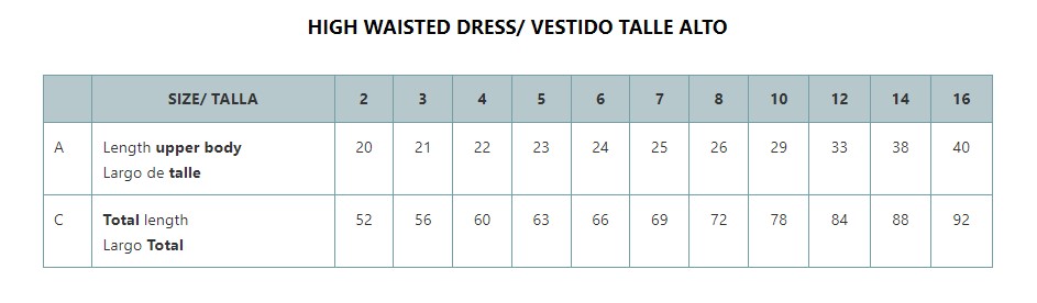 Cosmosophie Girls Size Guide - High waist dress