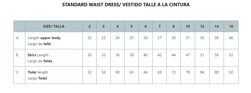 Cosmosophie Girls Size Guide - Standard waist dress
