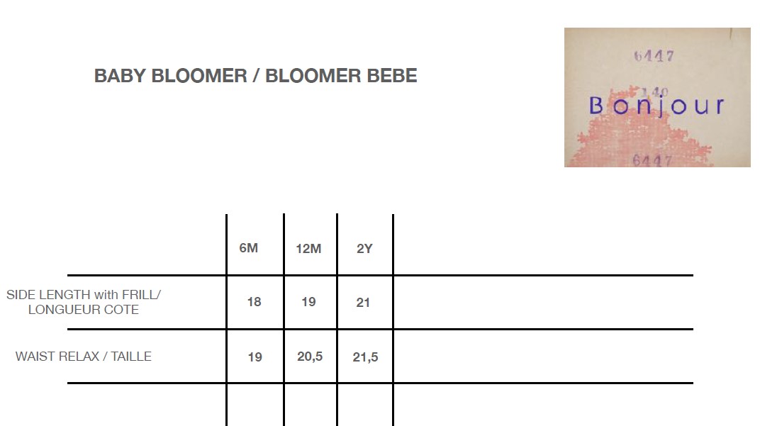 Bonjour Baby Bloomer Size Chart
