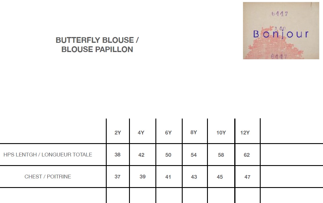 Bonjour Butterfly Blouse Size Chart