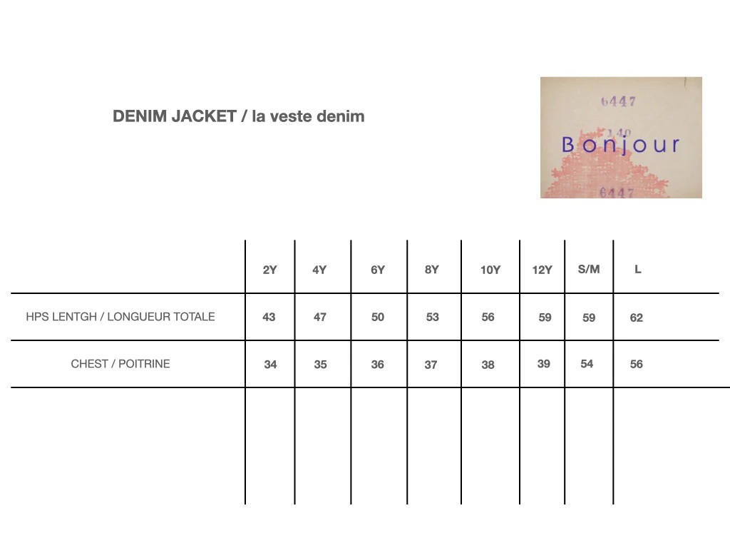 Bonjour Denim Jacket - Size Chart