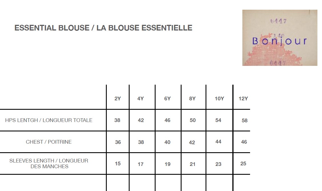 Bonjour Essential Blouse Size Chart