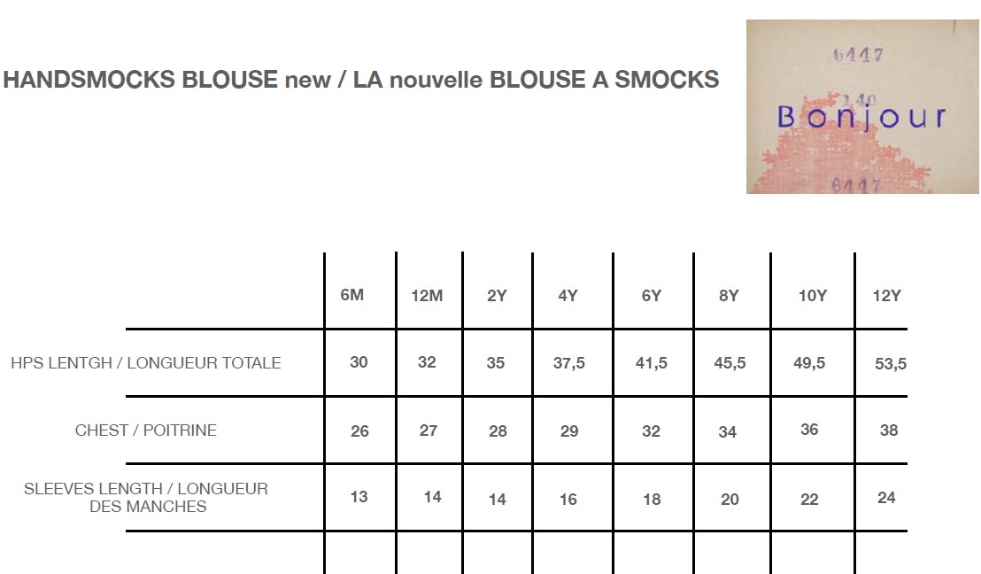 Bonjour Handsmock Blouse New Size Chart