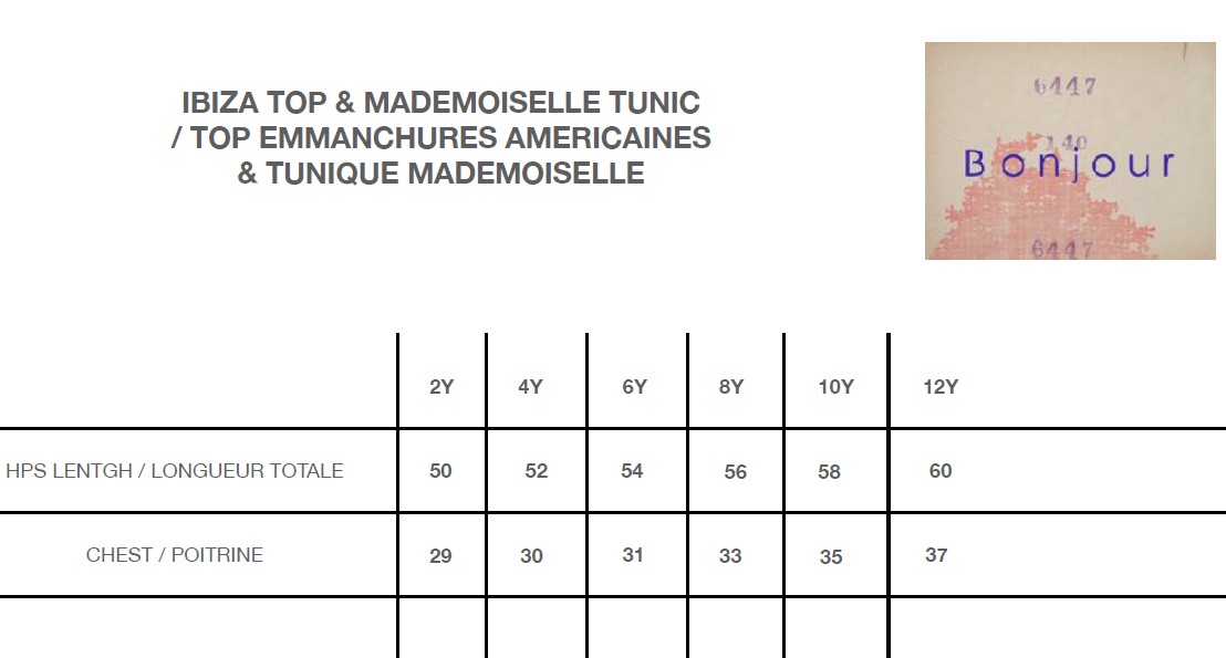 Bonjour Ibiza Top and Madeleine Tunique Size Chart