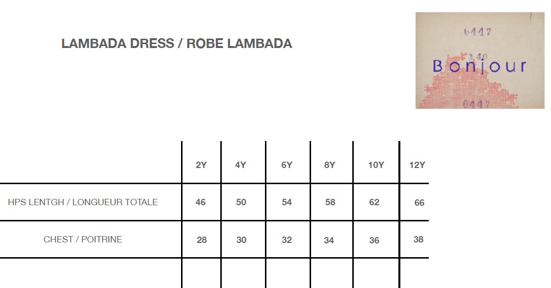 Bonjour Lambada Dress Size Chart