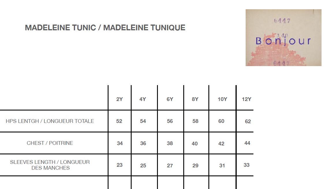 Bonjour Madeleine Tunique Size Chart