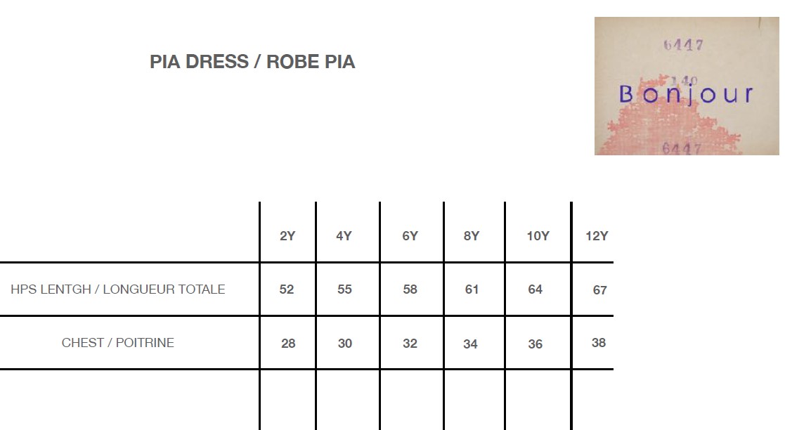 Bonjour Pia Dress Size Chart
