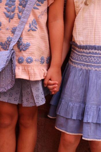 Bonjour Pleated Skirt Broderie Anglaise Blue and light pink - Little French Heart