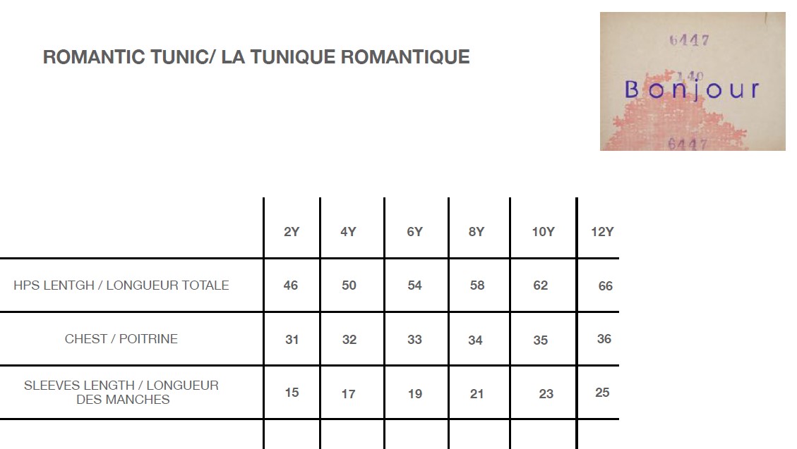 Bonjour Romantic Tunique Size Chart