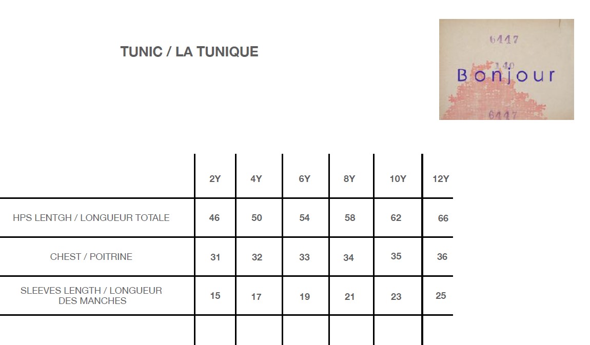 Bonjour Tunique Size Chart