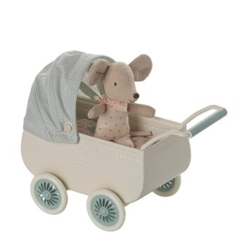 Maileg Pram with Baby Mouse Mint - Little French Heart