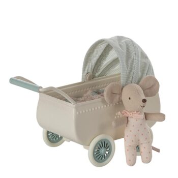 Maileg Pram with Baby Mouse Mint - Little French Heart