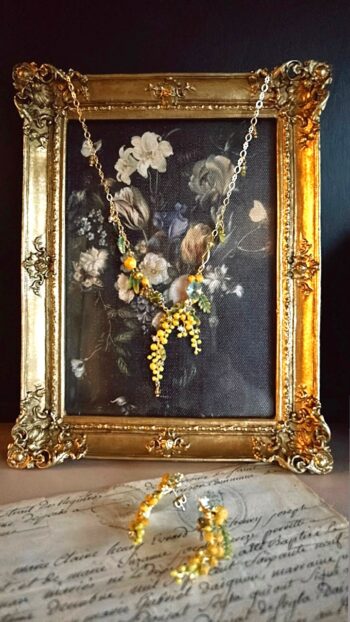 Les Nereides Mimosa Collar Necklace with earrings & ancietn paper