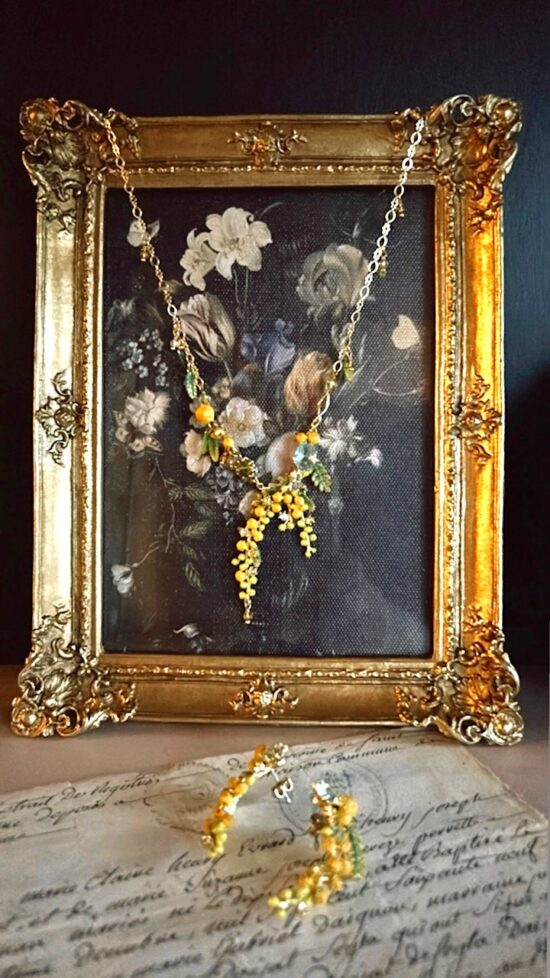 Les Nereides Mimosa Collar Necklace with earrings & ancietn paper