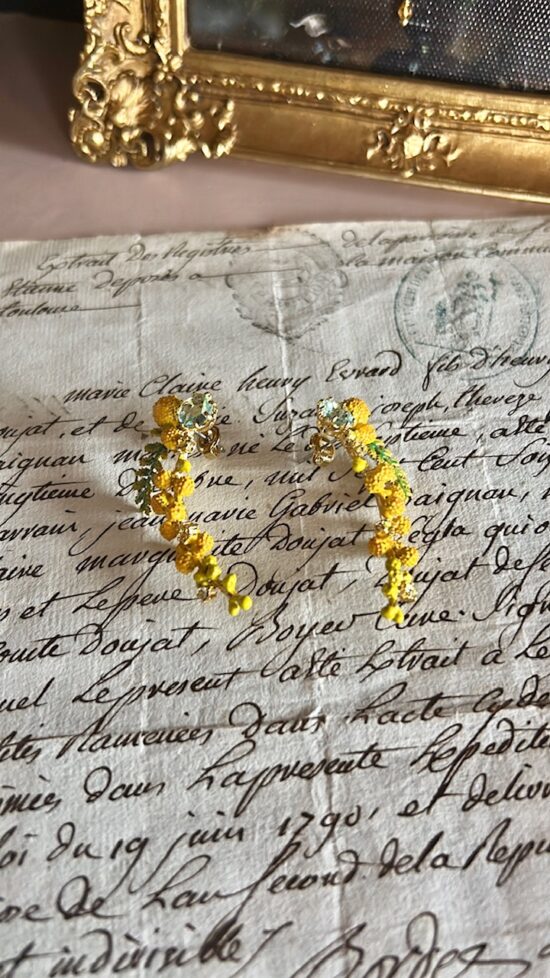 Les Nereides Mimosa Earrings on old French paper with golden frame