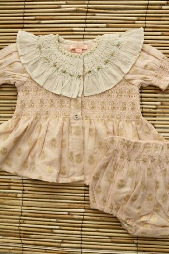 Bonjour Diary Baby Blouse & Bloomers, Golden Flower, Petal Pink 5 Bonjour Baby Set Flowers Lurex Light PInk chanderi