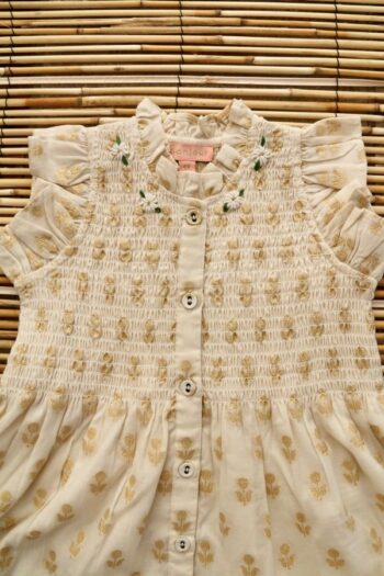 Bonjour Long dress golden flowers ivory with embroidered flowers around neck
