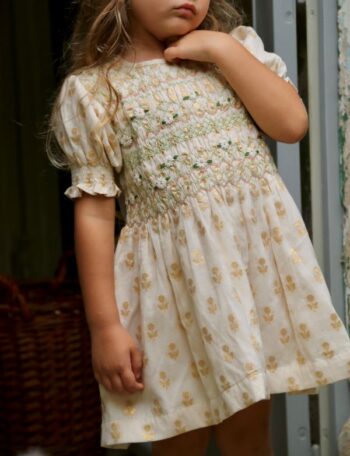 Bonjour Diary blouse with Gold Flower Smocking, Ivory (S8