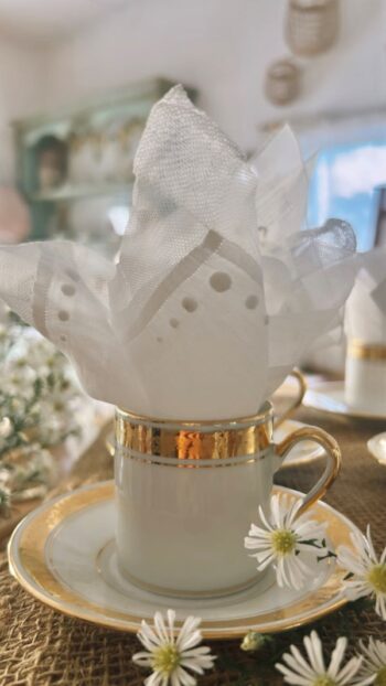 Brocante Mother's day cup and saucer beautiful handkerchief