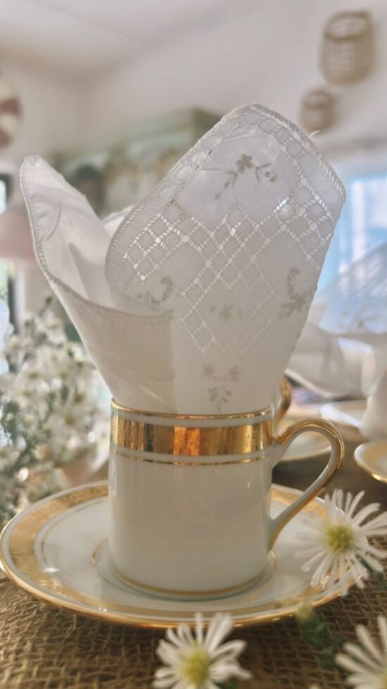 Brocante Mother's day cup and saucer lace handkerchief