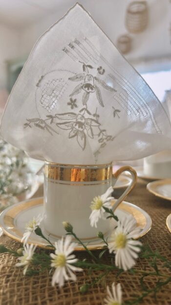 Brocante Mother's day cup & saucer and édelweiss handkerchief