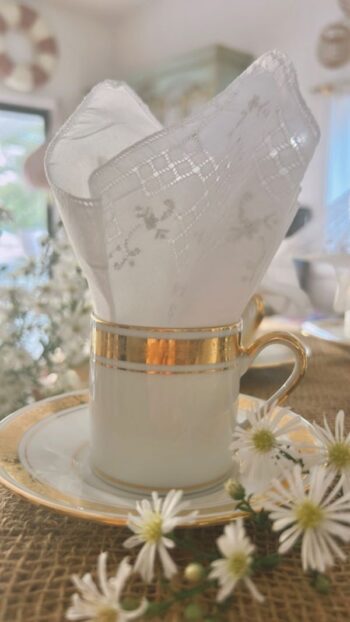 Brocante Mother's day demitasse and lace embroidery handkerchief