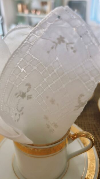 Brocante Mother's day demitasse and lace handkerchief