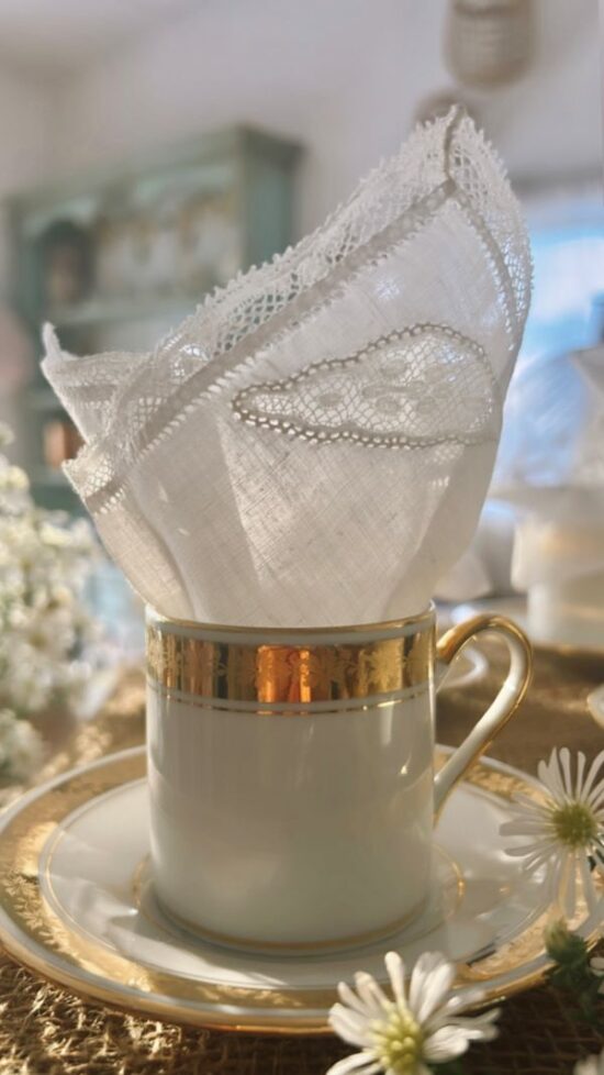 Brocante Mother's day demitasse and lace handkerchief pretty gift set