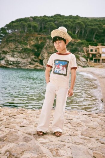 Sailboat Collage Ringer Tee with Flared Jeanes Gesso front