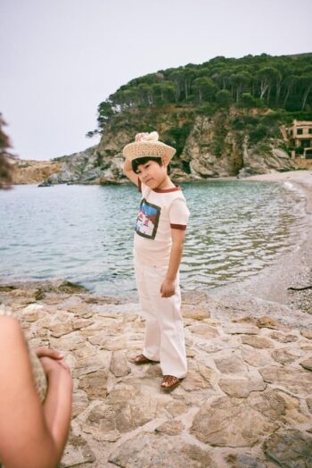 Sailboat Collage Ringer Tee with Flared Jeanes Gesso side